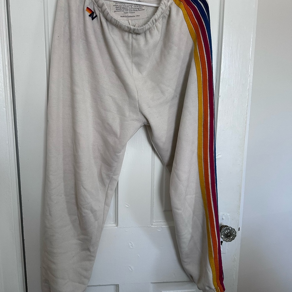 Aviator Nation sweatpants vintage white with rainbow stripe M